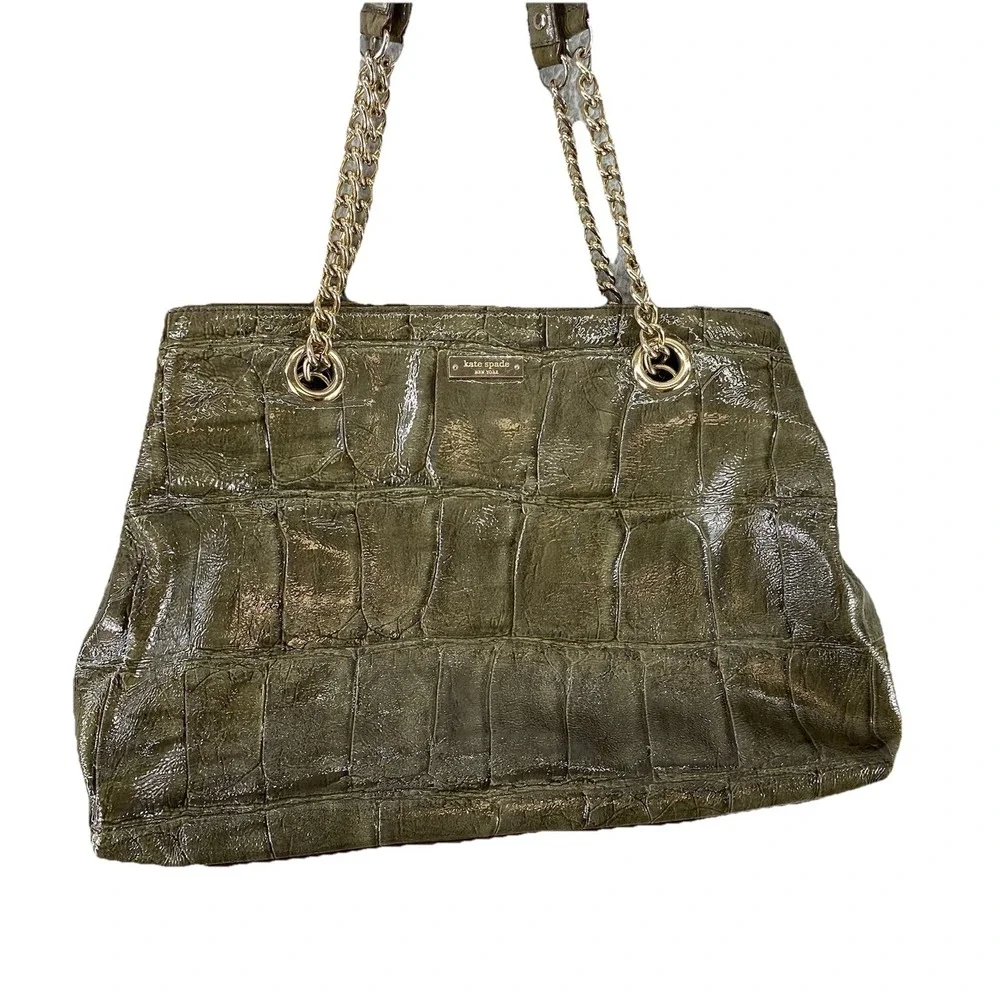 Kate Spade New York‎ Shoulder Bag Womens Green Croc Embossed Patent Chain Tote